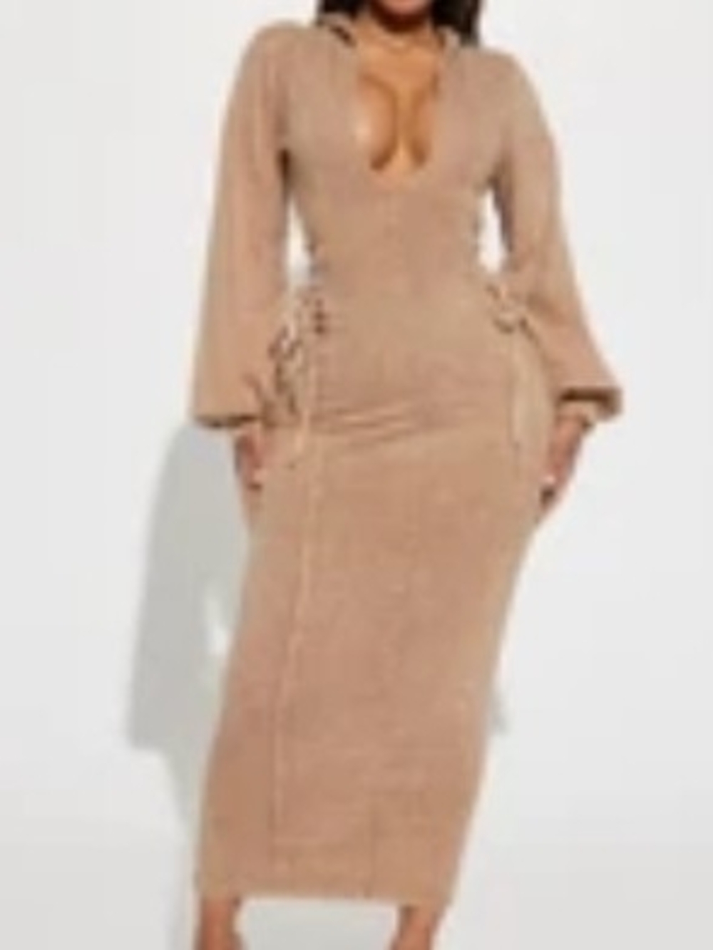 Fashion Nova Taupe Plunging Lace-Up Hooded Maxi Dress
